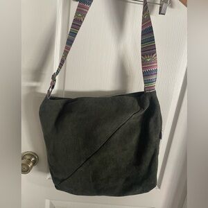 Dark Green Corduroy Cross Body Shoulder Bag with Patterned Strap